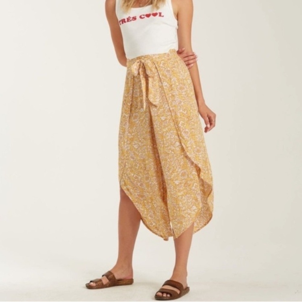 Billabong Capri Skies Yellow Floral Tie-Waist Split Tulip Leg Pants Boho Beach - Picture 5 of 16